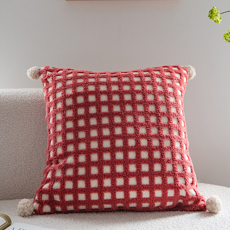 Textured Checkered Cushion Cover with Pom Poms – Soft Decorative Pillow 45x45cm