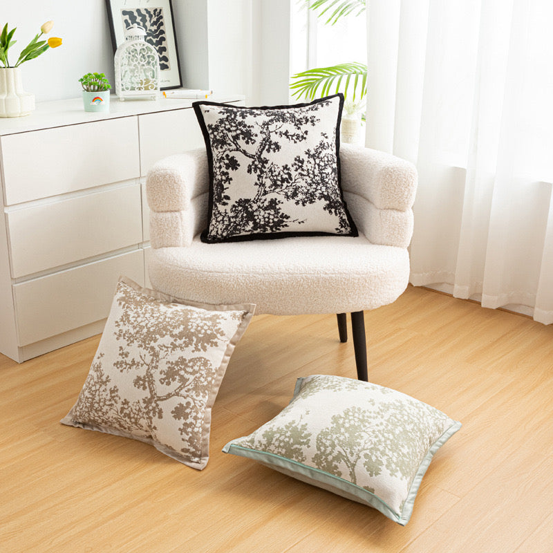 Black & White Tree Print Cushion Cover – Modern Decorative Pillow 45x45cm