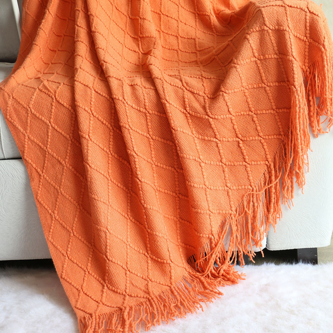 Nordic Knitted Throw Blanket with Tassels – Soft Diamond Pattern Sofa & Bed Throw 130x230cm