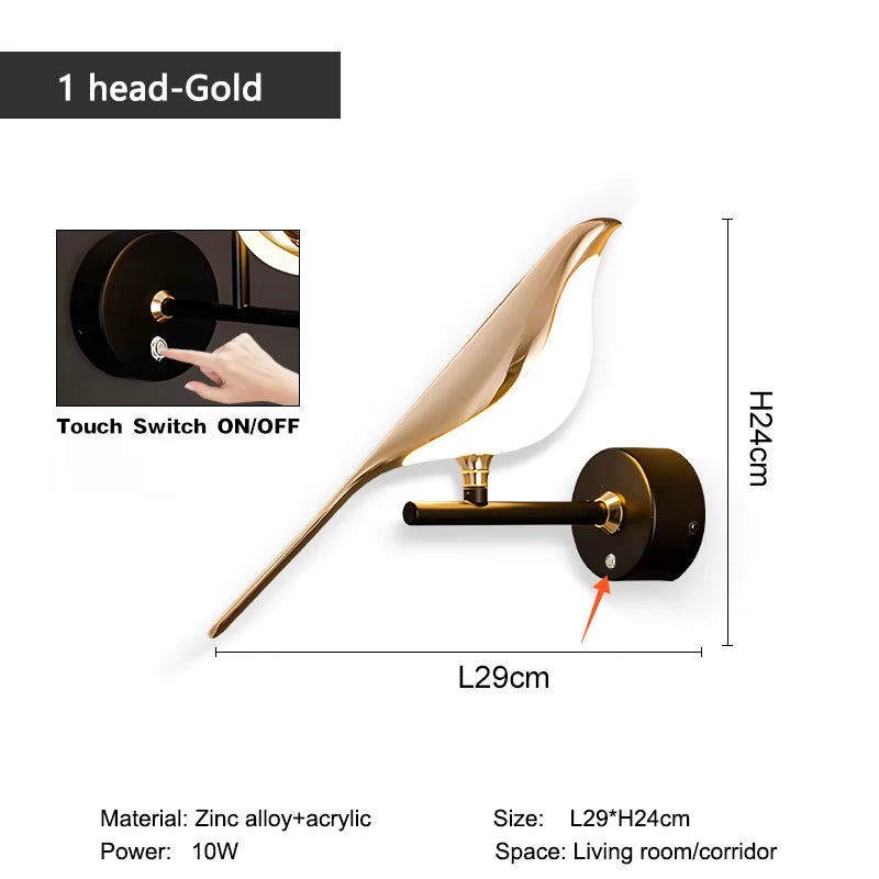 Nordic Touch Switch LED Wall Lamps for Bedside TV Background Gold Silver Magpie Bird LED Wall Lights Wall Sconce for Corridor