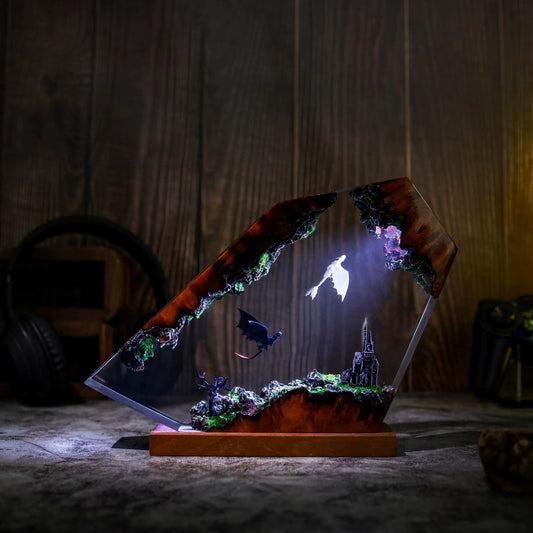 Black & White Resin Dragon Night Light | LED Bedroom Table Lamp & Halloween Gift