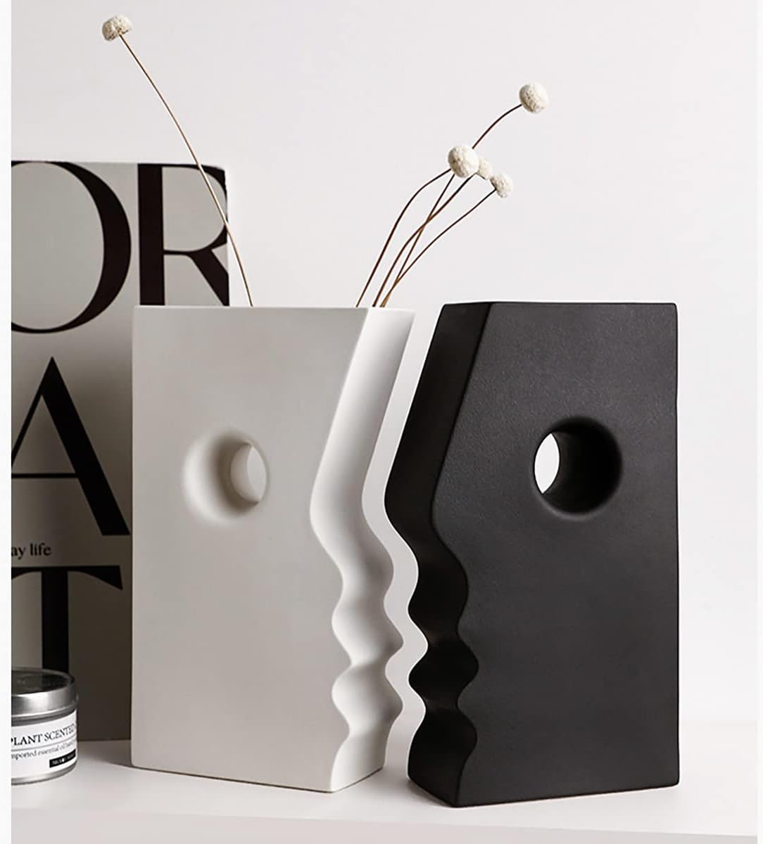 Modern Ceramic Vase Set of 2 – Abstract Black & White Decorative Vases for Home Decor