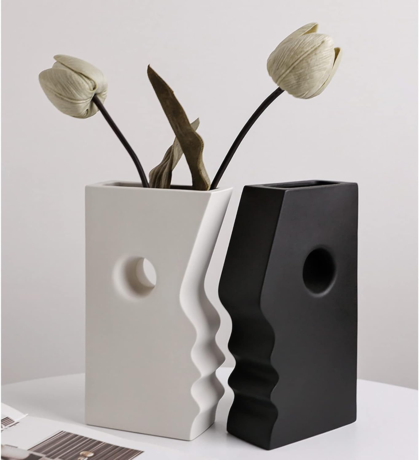 Modern Ceramic Vase Set of 2 – Abstract Black & White Decorative Vases for Home Decor