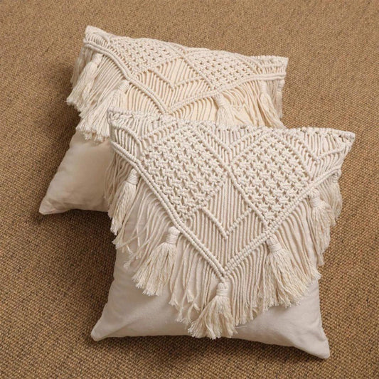 Boho Macrame Cushion Cover with Tassels – Cotton Linen Throw Pillow (Black, Grey, Beige) 45x45cm