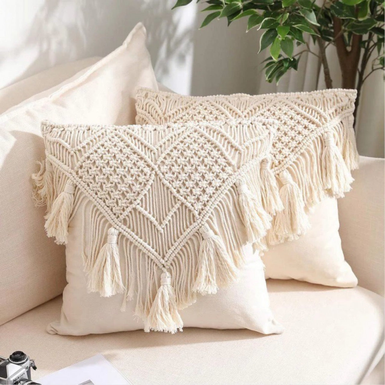 Boho Macrame Cushion Cover with Tassels – Cotton Linen Throw Pillow (Black, Grey, Beige) 45x45cm
