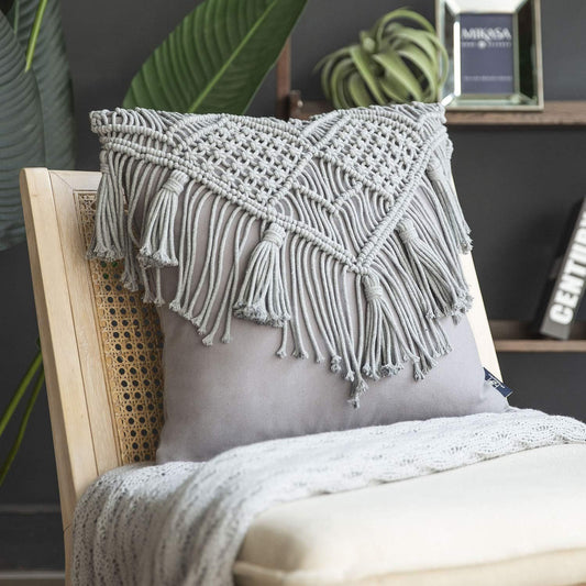 Grey Boho Chic Macrame Cushion Cover - Handmade Woven Cotton Linen Pillow Case with Tassels - Decorative Throw Pillow Sham 45x45cm (Cover Only)