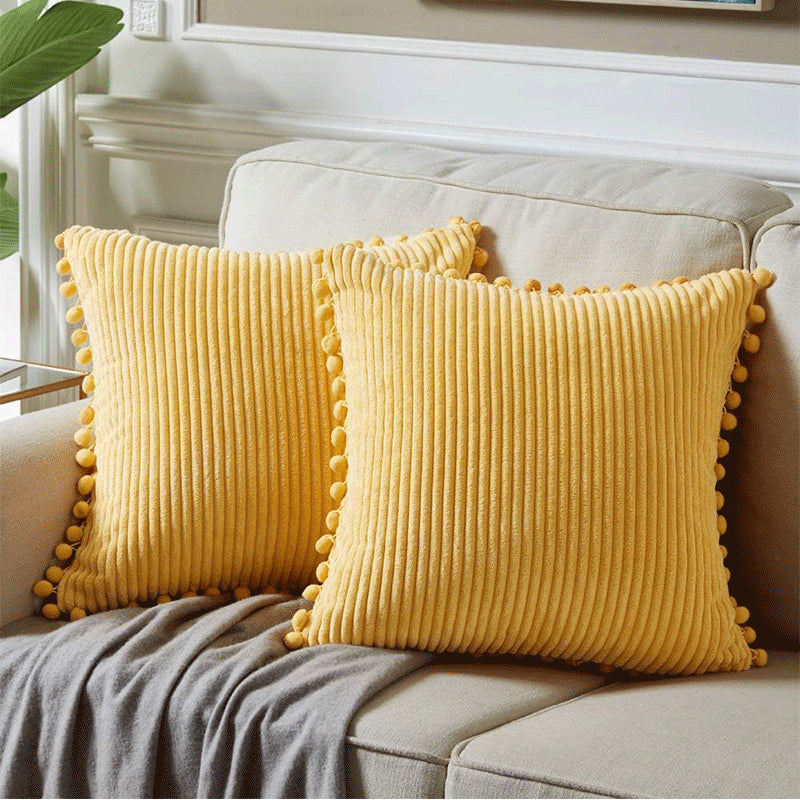 Corduroy Cushion Cover Set of 2 with Pom Pom Trim – Soft Decorative Pillow Covers 45x45cm
