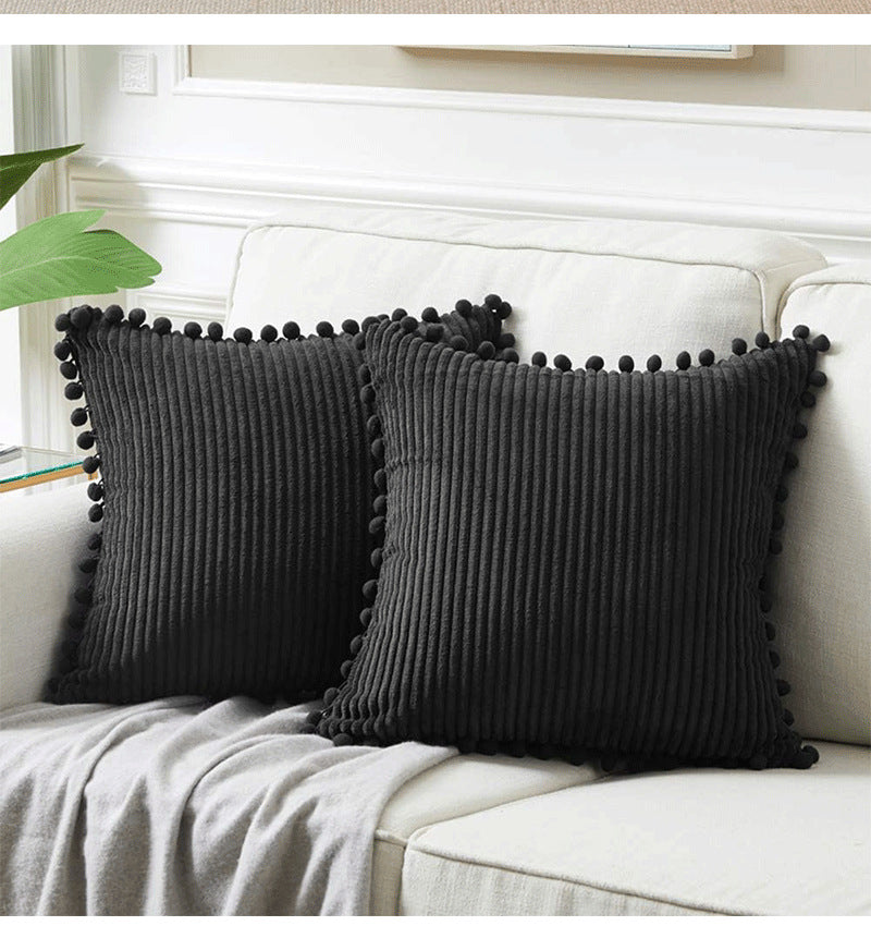 Corduroy Cushion Cover Set of 2 with Pom Pom Trim – Soft Decorative Pillow Covers 45x45cm