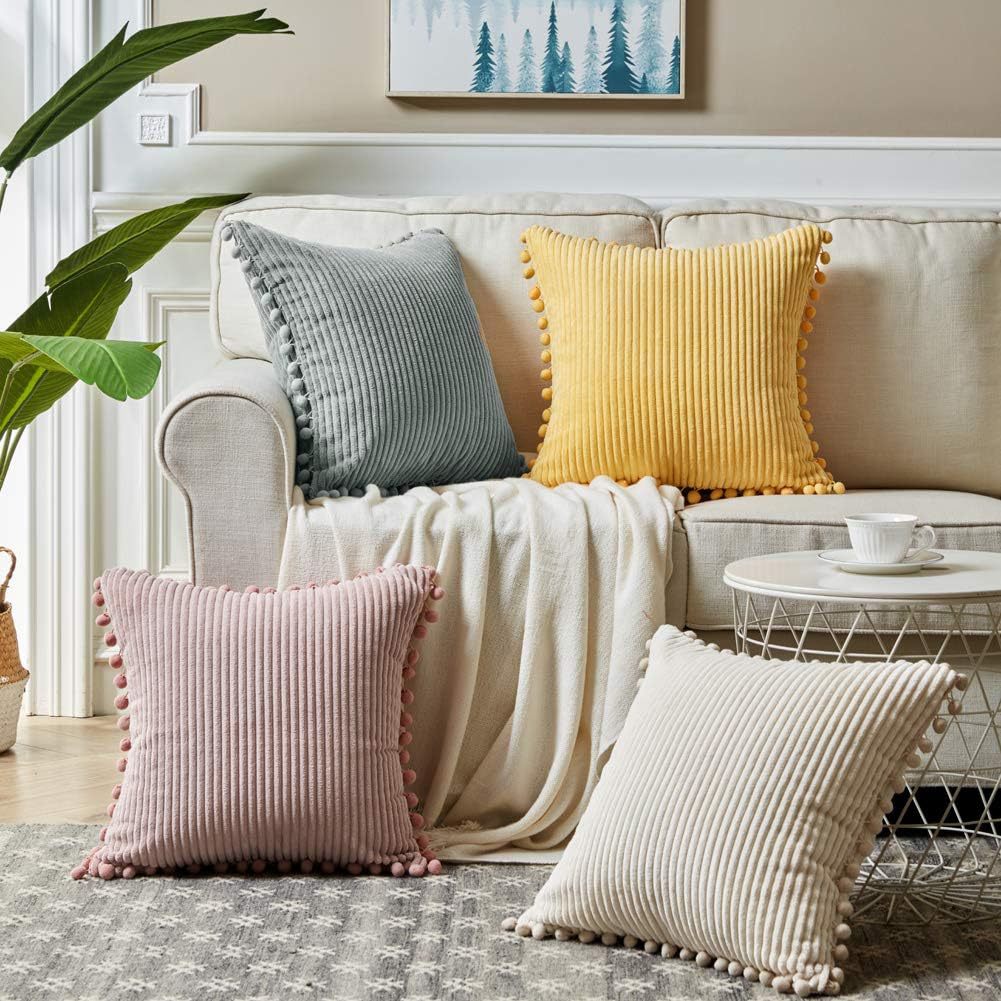 Corduroy Cushion Cover Set of 2 with Pom Pom Trim – Soft Decorative Pillow Covers 45x45cm