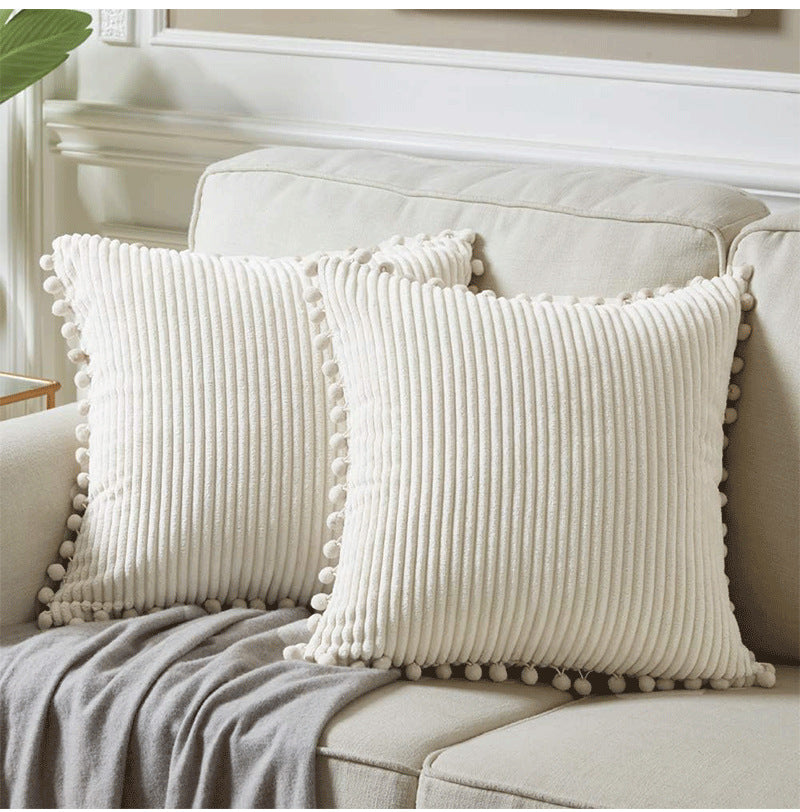 Corduroy Cushion Cover Set of 2 with Pom Pom Trim – Soft Decorative Pillow Covers 45x45cm