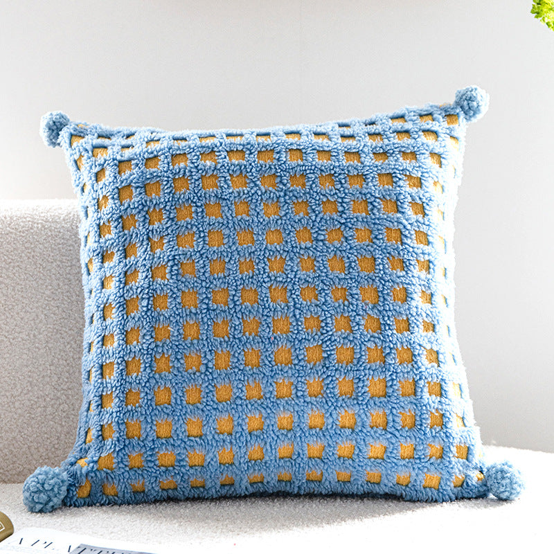 Textured Checkered Cushion Cover with Pom Poms – Soft Decorative Pillow 45x45cm