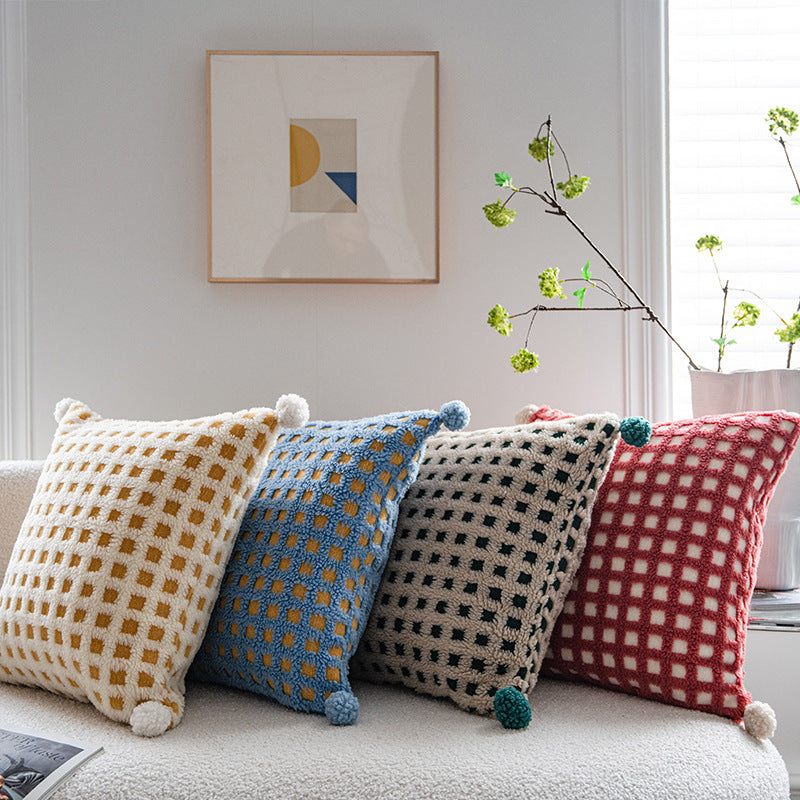 Textured Checkered Cushion Cover with Pom Poms – Soft Decorative Pillow 45x45cm