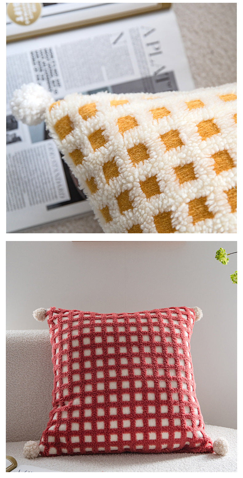 Textured Checkered Cushion Cover with Pom Poms – Soft Decorative Pillow 45x45cm