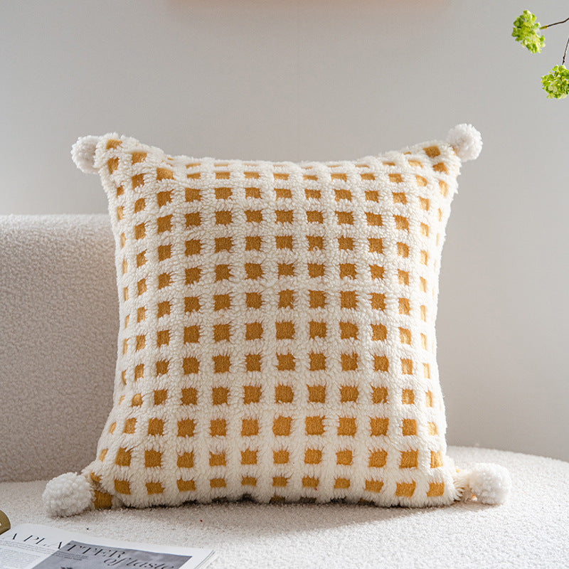 Textured Checkered Cushion Cover with Pom Poms – Soft Decorative Pillow 45x45cm