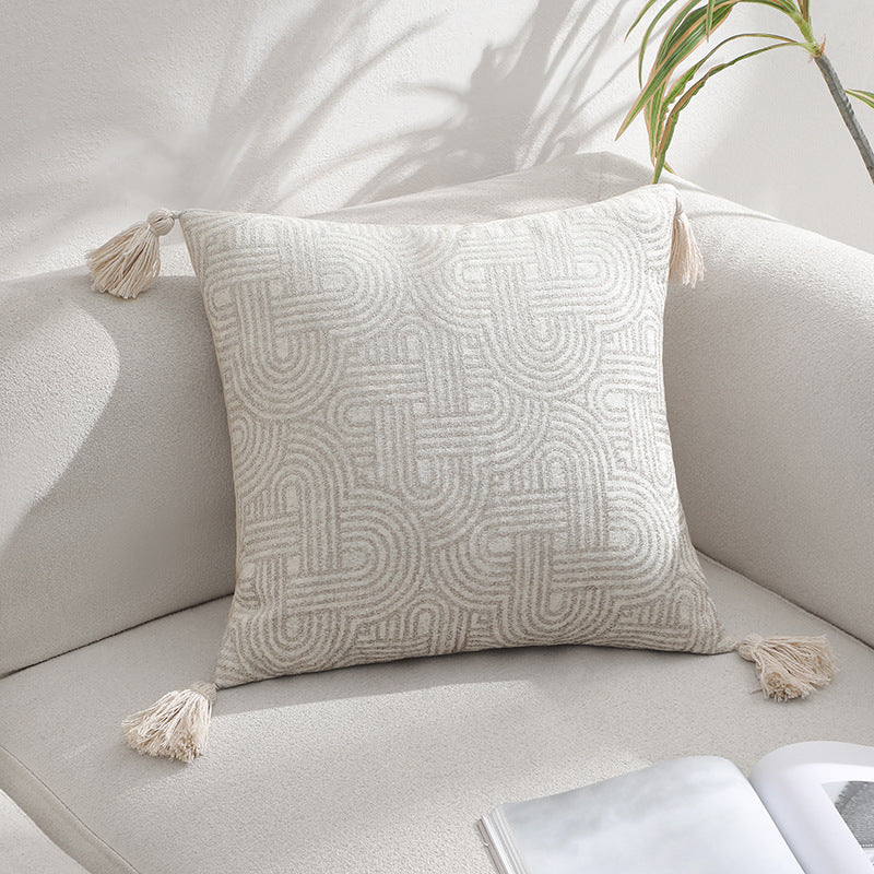 Geometric Jacquard Cushion Cover Set of 2 with Tassels – Textured Decorative Pillow Covers 45x45cm