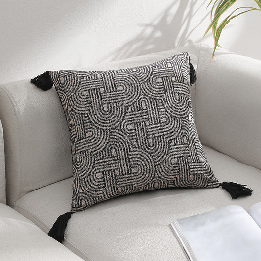Black Chic Geometric Jacquard Cushion Covers with Tassels - Set of 2, Plush Blend for Sofa & Bed Decor (45x45cm, Insert Not Included)
