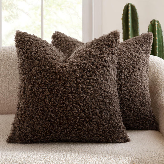 2 Pcs Coffee Cozy Teddy Boucle Cushion Cover - Plush Decorative Square Pillow Case for Sofa & Bed