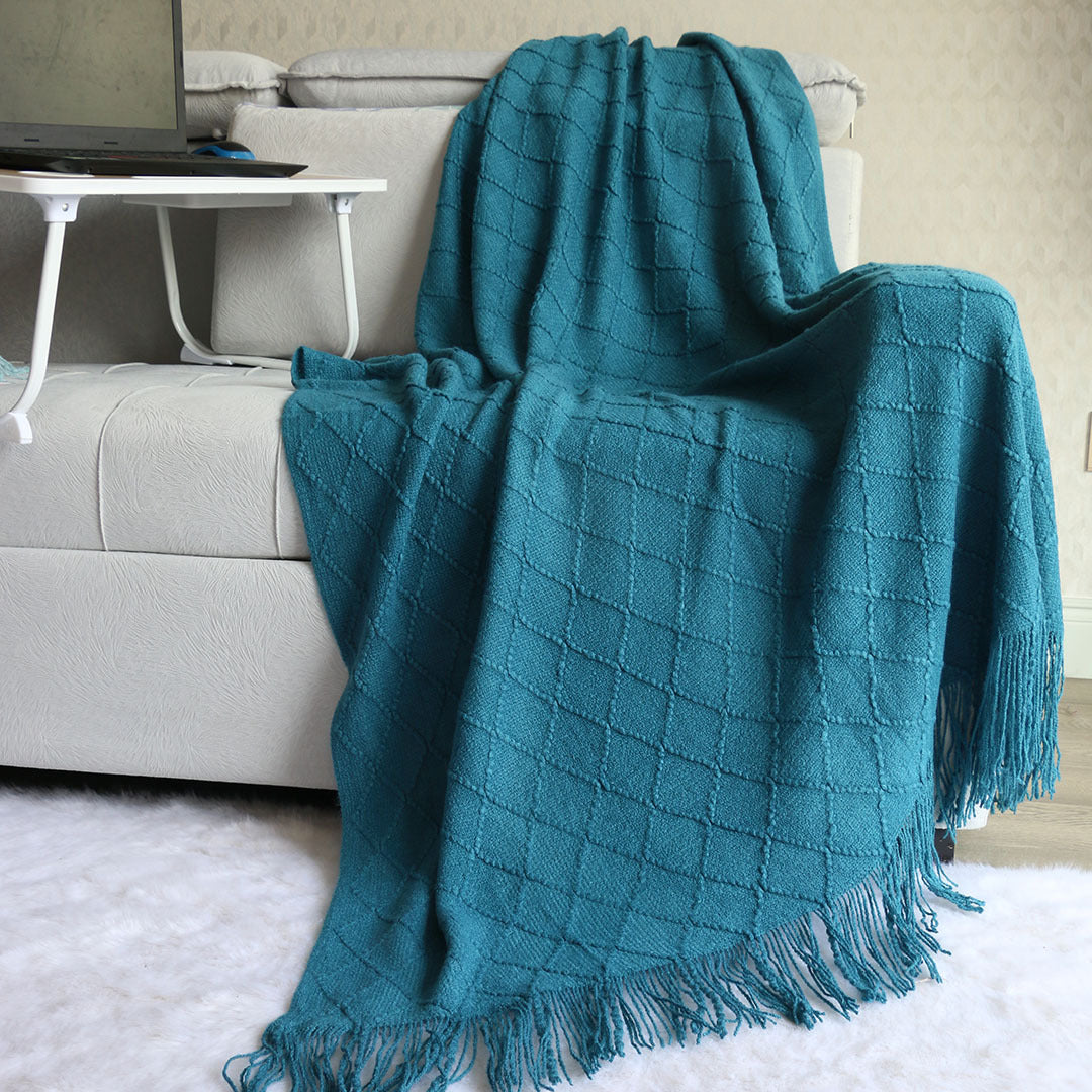 Nordic Knitted Throw Blanket with Tassels – Soft Diamond Pattern Sofa & Bed Throw 130x230cm