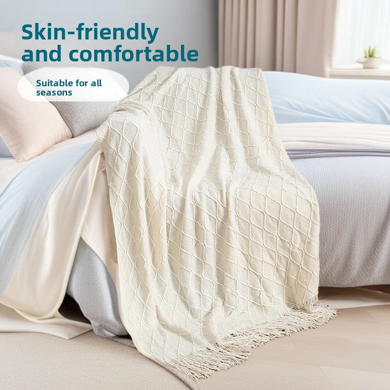 Nordic Knitted Throw Blanket with Tassels – Soft Diamond Pattern Sofa & Bed Throw 130x230cm