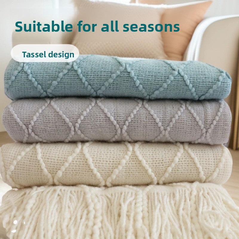Nordic Knitted Throw Blanket with Tassels – Soft Diamond Pattern Sofa & Bed Throw 130x230cm