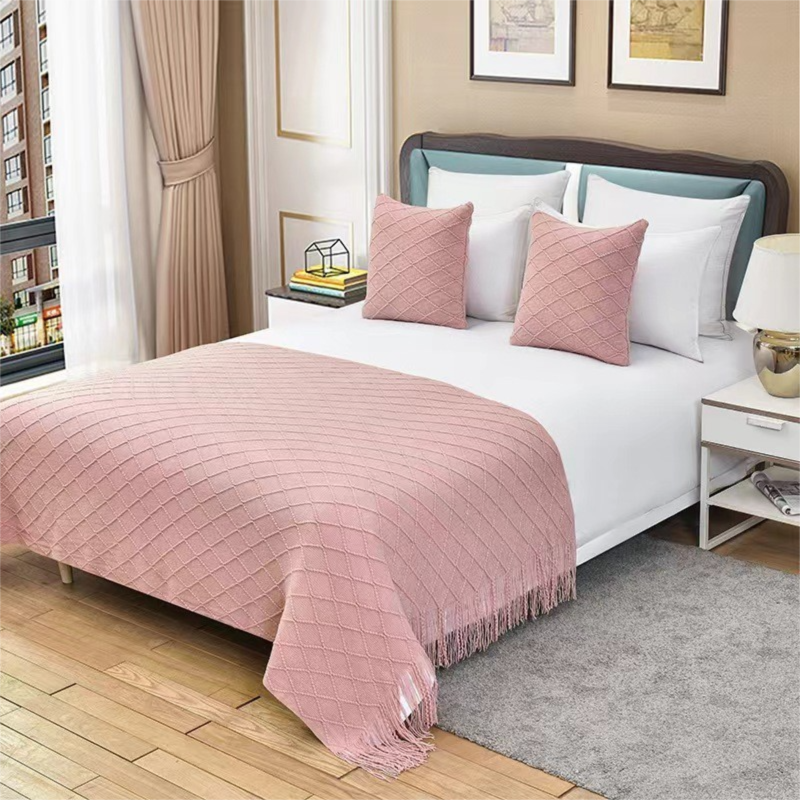 Nordic Knitted Throw Blanket with Tassels – Soft Diamond Pattern Sofa & Bed Throw 130x230cm
