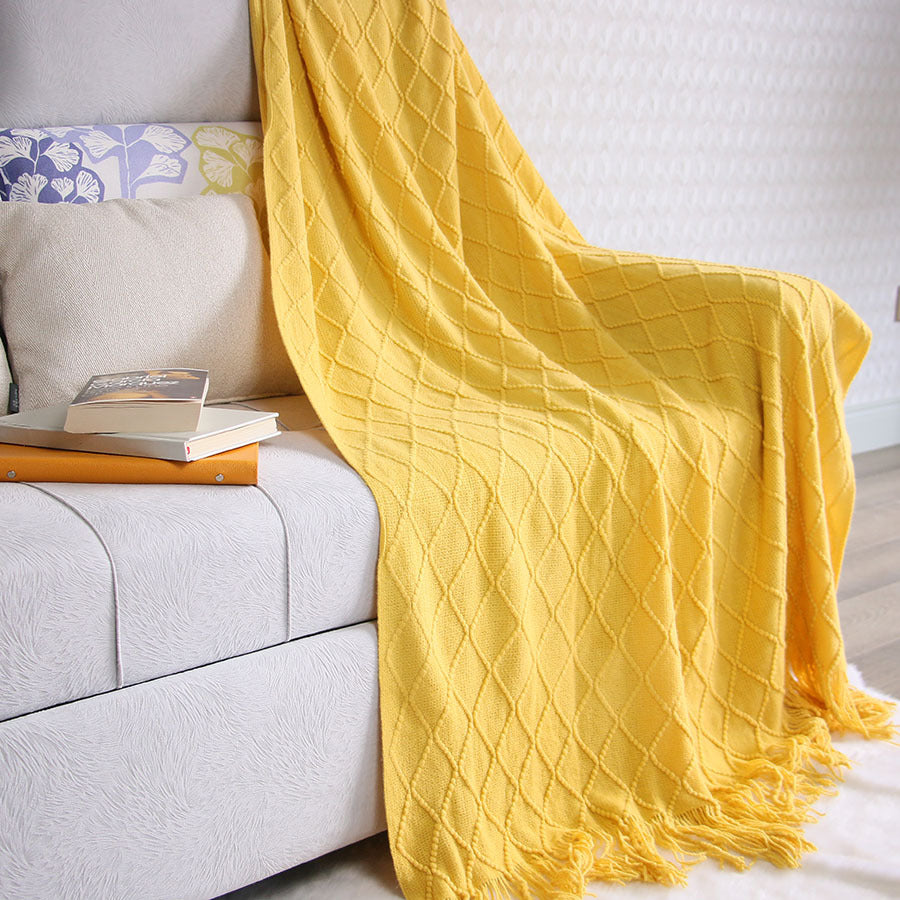 Nordic Knitted Throw Blanket with Tassels – Soft Diamond Pattern Sofa & Bed Throw 130x230cm